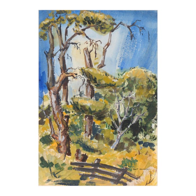 Mid Century Modern Vertical Landscape With Fence in Acrylic on Paper by Bertram Spencer For Sale
