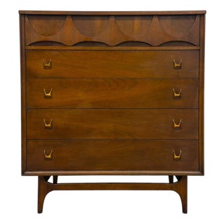 Vintage Mid Century Modern Broyhill Brasilia Walnut 5-Drawer Tallboy Dresser. For Sale