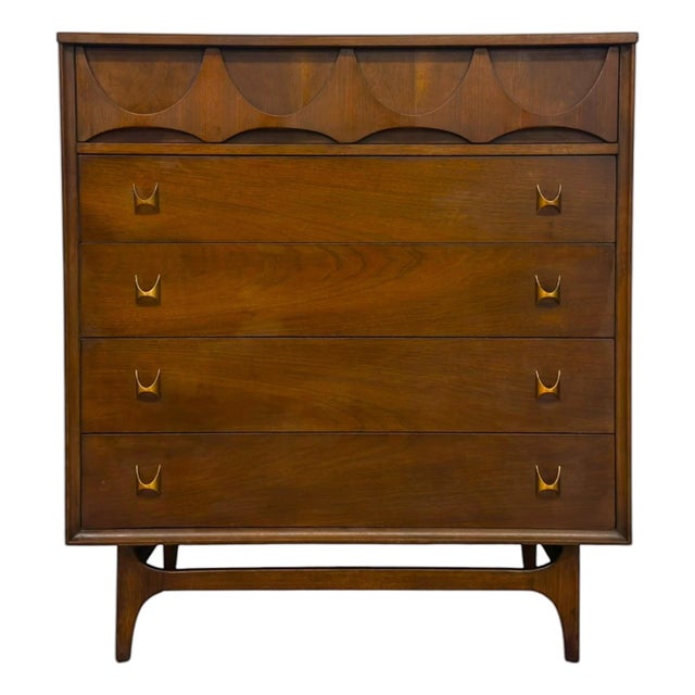 Vintage Mid Century Modern Broyhill Brasilia Walnut 5-Drawer Tallboy Dresser. For Sale