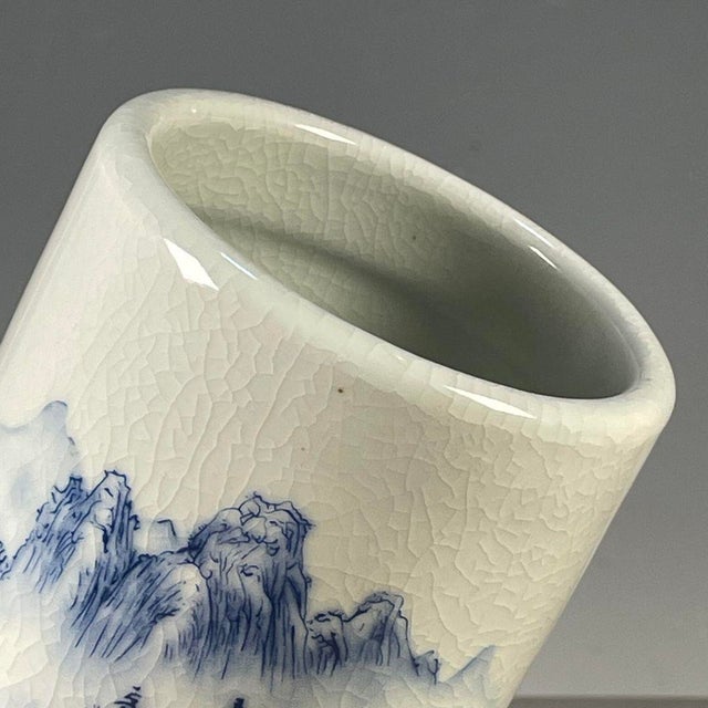 Ceramic Blue & White Crackle Glaze Porcelain Brush Pot With Landscape Scene For Sale - Image 7 of 9