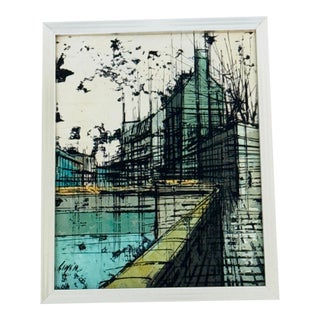 Original Enzo Linca Brutalist Architectural Cityscape Painting in Original Aluminum Frame For Sale