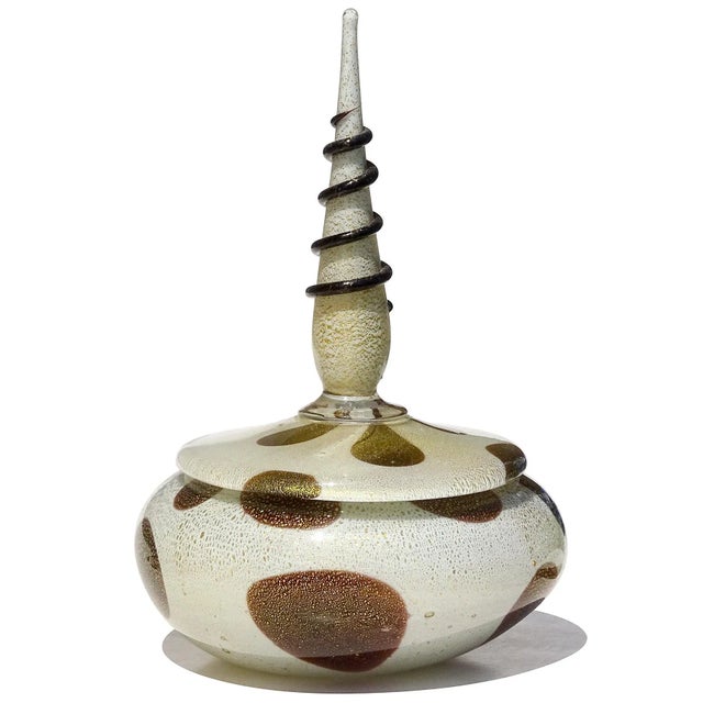 Mid 20th Century Vintage Murano Barbini Vanity Jewelry Powder Box White Black Gold Flecks Spike Italian Art Glass Jar For Sale - Image 5 of 9