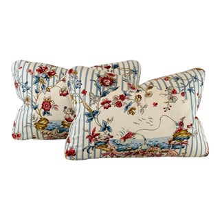 Brunschwig & Fils Blue Cream Red "Siren Song" Chinoiserie Fisherman Mermaid Toile Pillow Covers- Pair For Sale