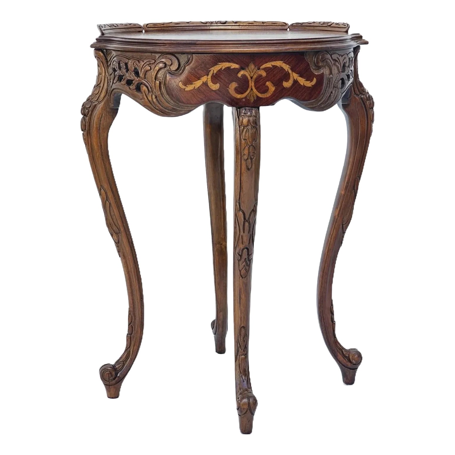 Vintage 1930s French Carved Walnut Side Lamp Table Floral Inlay