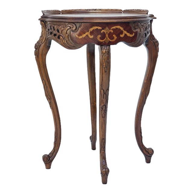 Vintage 1930s French Carved Walnut Side Lamp Table Floral Inlay & Cabriole Legs For Sale