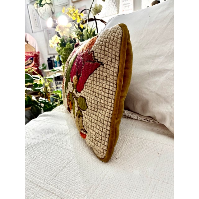 Boho Chic Vintage Handmade Needlepoint Pillow Wool Back to Velvet Floral For Sale - Image 3 of 12
