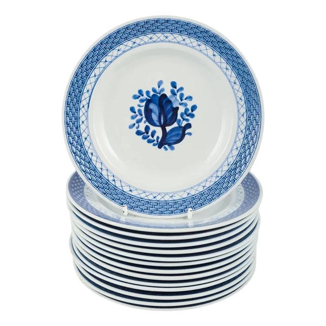 Faience Tranquebar Plates with Blue Decoration from Aluminia, Set of 14 For Sale