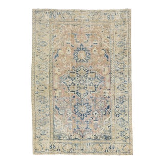 1920s Peach & Beige Handmade Antique Persian Heriz Wool Rug With Medallion Motif For Sale