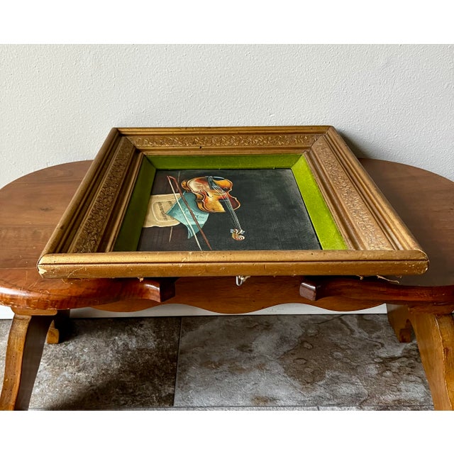 Vintage Mid-Century Violin Still Life Painting in Gilt Frame With Velvet Liner For Sale - Image 12 of 18