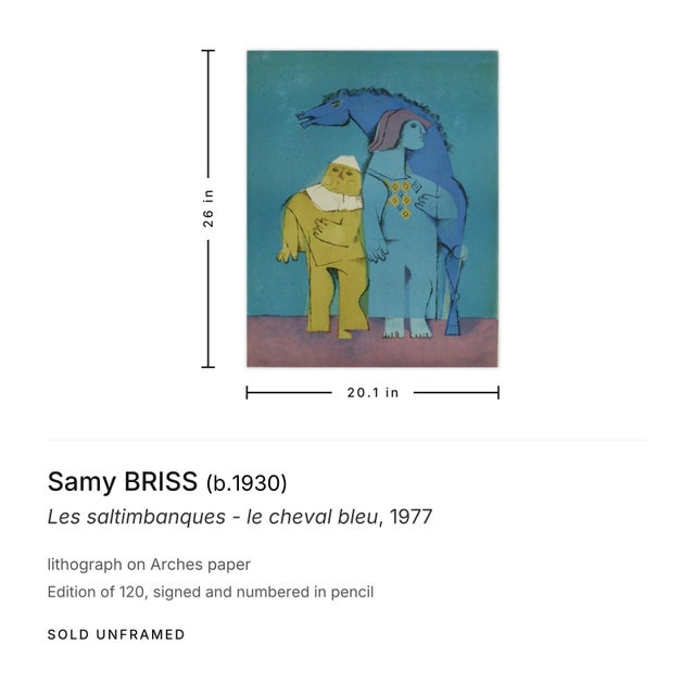The School of Paris 1977 Samy Briss Les Saltimbanques - Le Cheval Bleu Signed Lithograph For Sale - Image 3 of 3