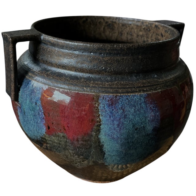 Contemporary Hand-Thrown Brutalist Earthenware Vase With Dual Handles, Signed & Dated 2013 For Sale - Image 3 of 9