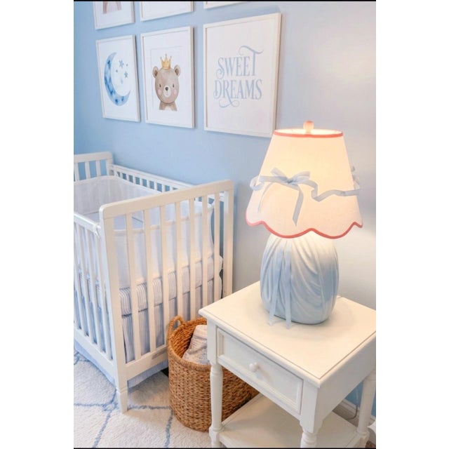 Vintage Custom Painted Styled John Dickinson Draped Plaster Pale Blue Table Lamp W/ Custom Ribbon Shade For Sale - Image 9 of 10