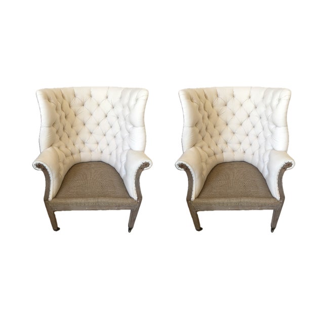 Ivory A Pair of Tufted Wingback Chairs in Ivory by Restoration Hardware Attributed to Ralph Lauren Heppelwhite Chairs For Sale - Image 8 of 18