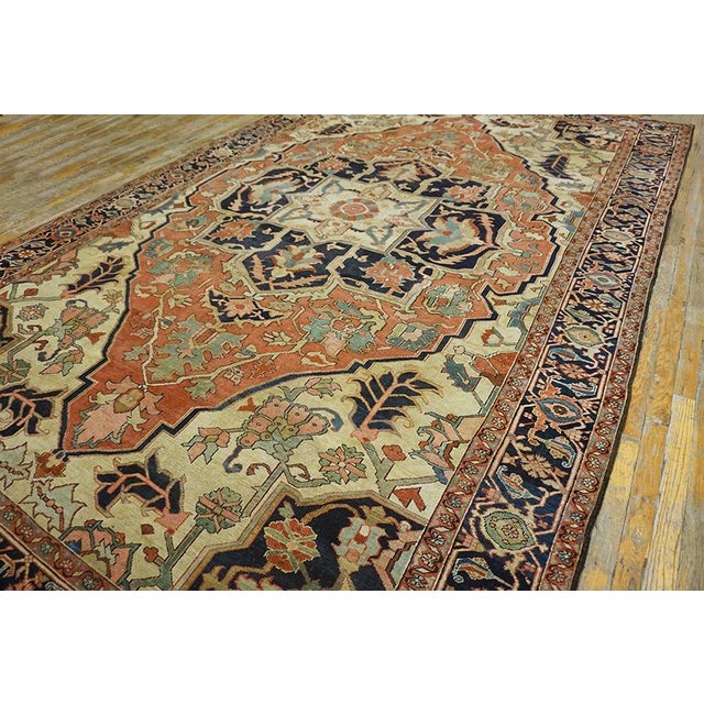 1890s Red Medallion Tribal Antique Persian Heriz Serapi Rug 8' 5" X 12' 6" Knotted Wool Carpet For Sale - Image 4 of 11