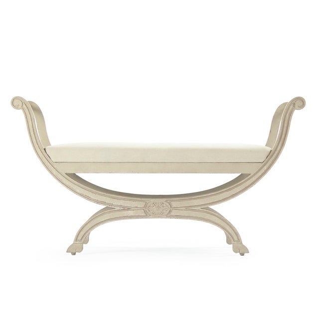 French Country Beatrice Bench - Off-White Linen / Off-White Painted Frame For Sale - Image 3 of 5