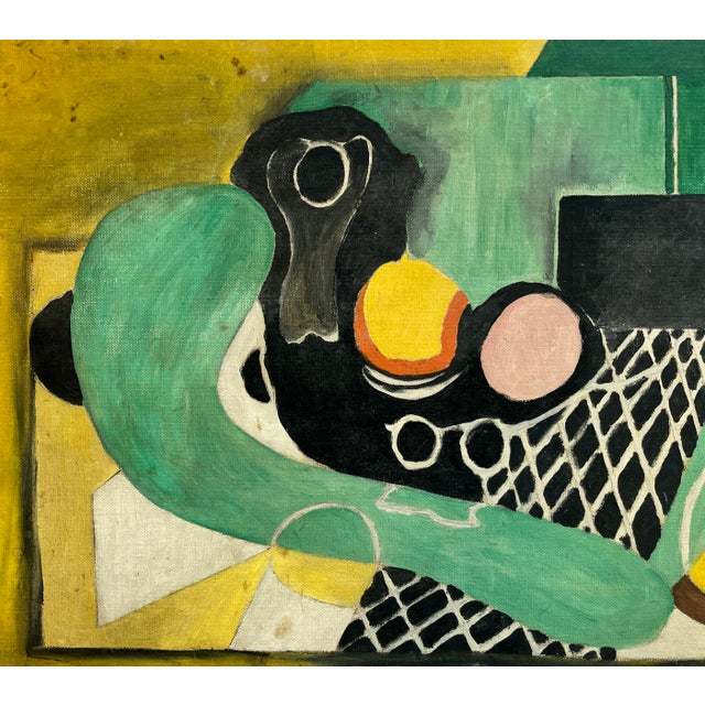 1950s cubist abstracted table scene in manner of Braque in palette of yellows, mint green, black, and white by artist...