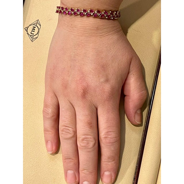 Ruby Red 12 Carat Natural Marquise Ruby and Diamond Tennis Bracelet 14 Karat Yellow Gold For Sale - Image 8 of 18