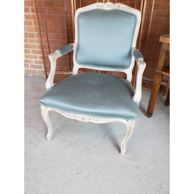 Blue 1950s Vintage Louis XV Style Armchair in Blue Gray Fabric For Sale - Image 8 of 12