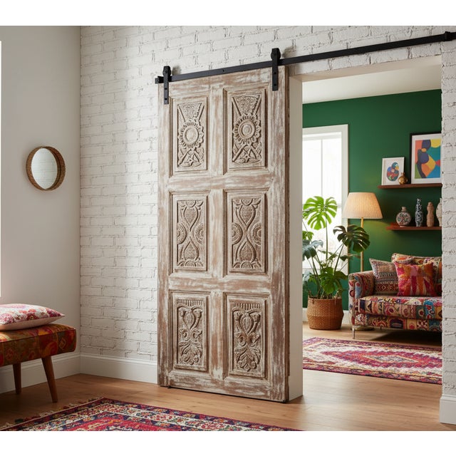 Vintage Whitewashed Carved Library Doors | Limewash Double Barn Doors | Handcrafted Statement Entryway For Sale - Image 4 of 8