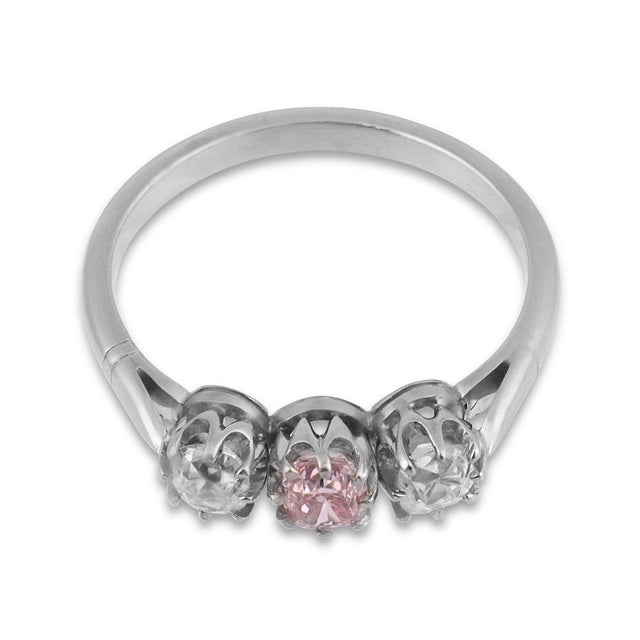 Contemporary Mid 20th Century Pink and White Diamond Platinum Tree Stone Ring, Size 6.25 For Sale - Image 3 of 6
