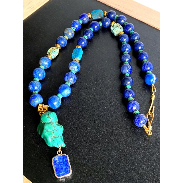 One-of-a-Kind Lapis Lazuli & Turquoise Statement Necklace | Vintage Turquoise Pendant | Artisan Bohemian Luxury Jewelry For Sale - Image 14 of 17