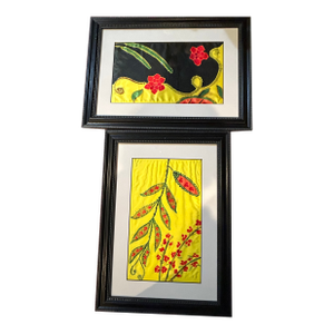 Vintage Pair of Botanical Paintings on Silk