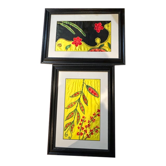 Vintage Pair of Framed Botanical Paintings on Silk For Sale