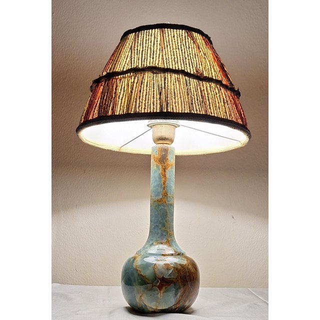 Table Lamp with Blue-Brown Marble Base and Handmade Fabric Shade, 1970s For Sale - Image 3 of 11