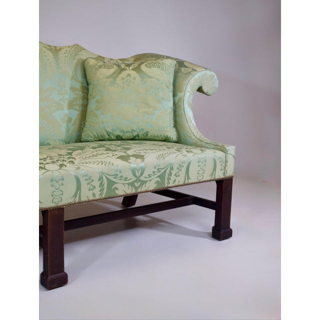 Custom George III Mahogany Camel Back Sofa With Damask Silk Upholstery For Sale - Image 15 of 16
