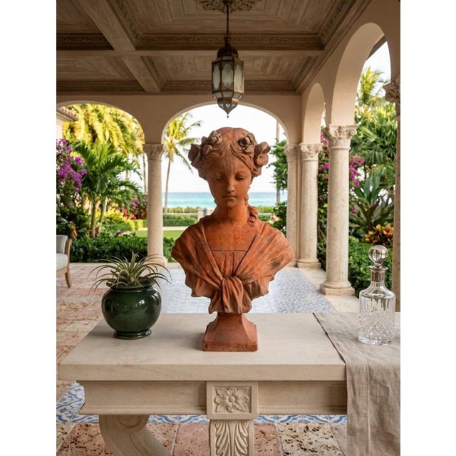 Terra Cotta Vintage Terracotta Bust of a Young Woman With Floral Headdress For Sale - Image 8 of 9