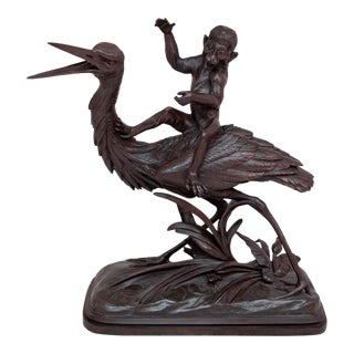 Henri Lechesne "Heron and Monkey" Patinated Bronze For Sale
