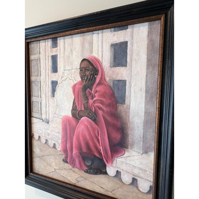 Contemporary Signed Original Oil on Canvas | Indian Woman in Pink Sari by David C. Fisher 2015 For Sale - Image 4 of 6