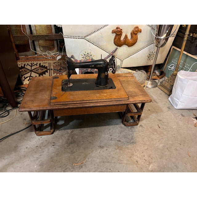 70's Singer Sewing Machine on Wooden Table | Chairish