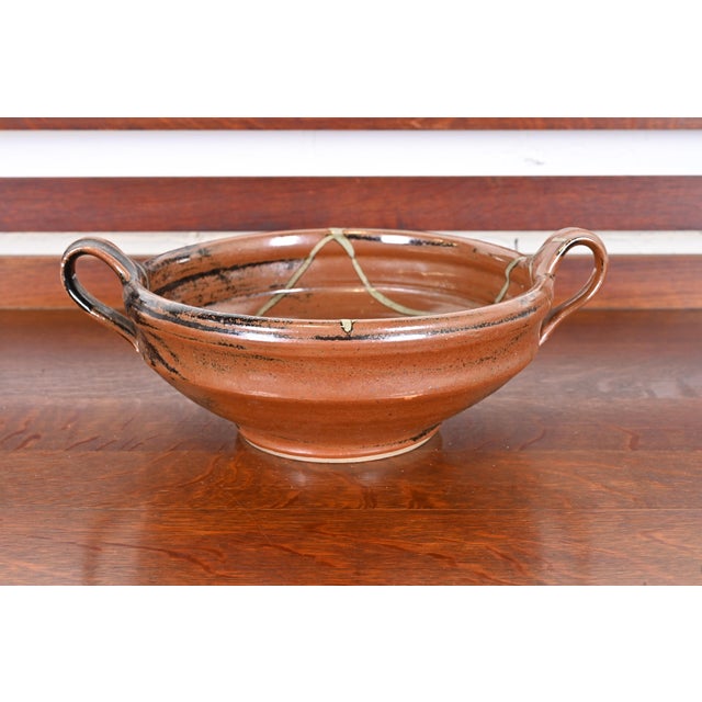 Large Painted Glazed Ceramic Studio Pottery Bowl With Handles From