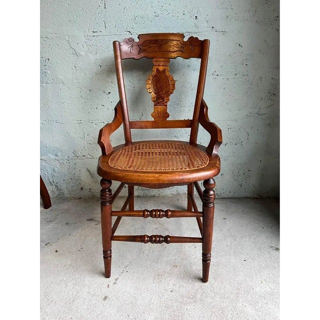 Early 20th Century Pair of Antique Eastlake Walnut Cane Seat Armchairs For Sale - Image 10 of 11