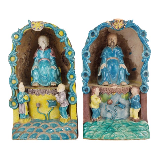 Pair of 18th Century Chinese Ming Transitional Pottery Porcelain Roof Ornaments Tiles For Sale