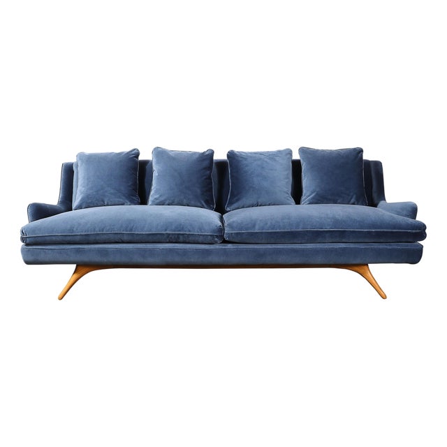 Mid-Century Smoked Sapphire Velvet Sculptural Supported Sofa by Vladimir Kagan For Sale