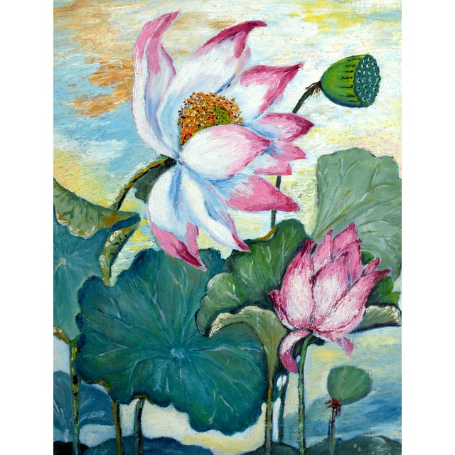 American Mid Century Lotus Still Life / Bangkok Landscape on Verso (Double Sided) by Marge Quate Burt For Sale - Image 3 of 7