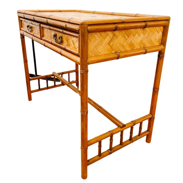 Boho Chic Bamboo & Rattan Herringbone Writing Desk | Chairish