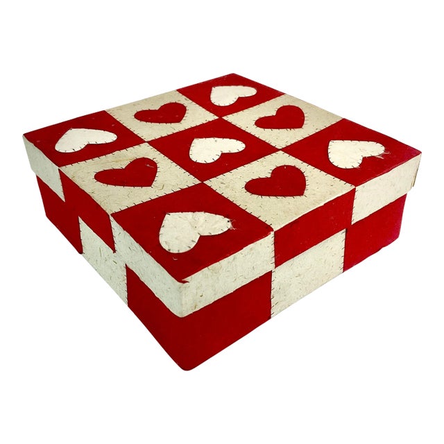 Vintage Boho Chic Arts & Crafts Valentines Checkered Heart Box For Sale
