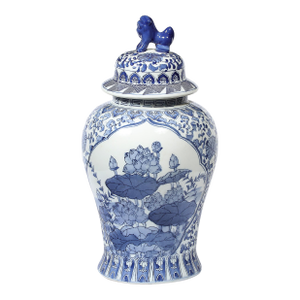 Chinese Hand Painted Blue and White Fudog and Flower Temple Jar