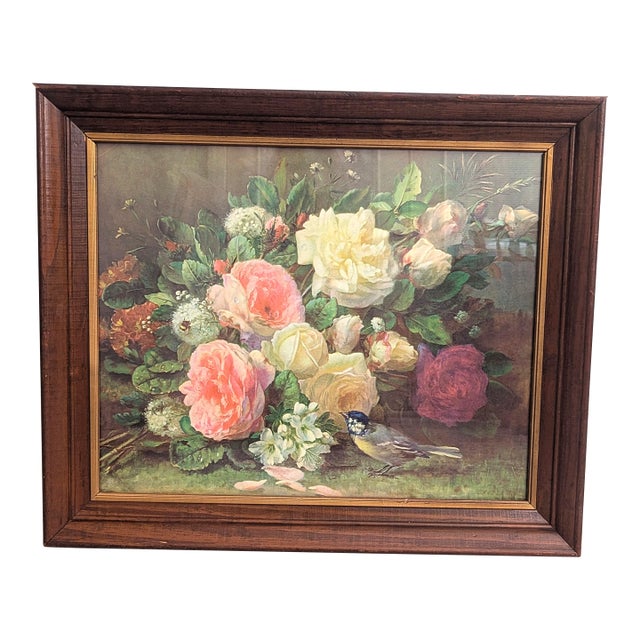 Vintage Roses Lithograph Print "Fragrance in Bloom" Wood Frame Gilt For Sale