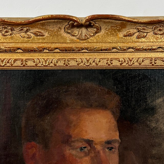 1940s Vintage Modernist Portrait of Man in Carved Gilt Frame, Signed (1947, Oil on Canvas) For Sale - Image 5 of 8