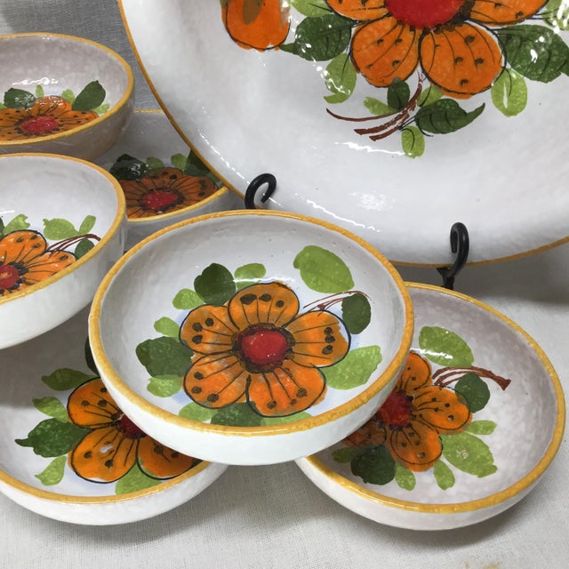 Mid 20th Century Italian Salad Bowl Set in Glazed Terra Cotta With Orange Floral Design - 9 PCS For Sale - Image 4 of 11
