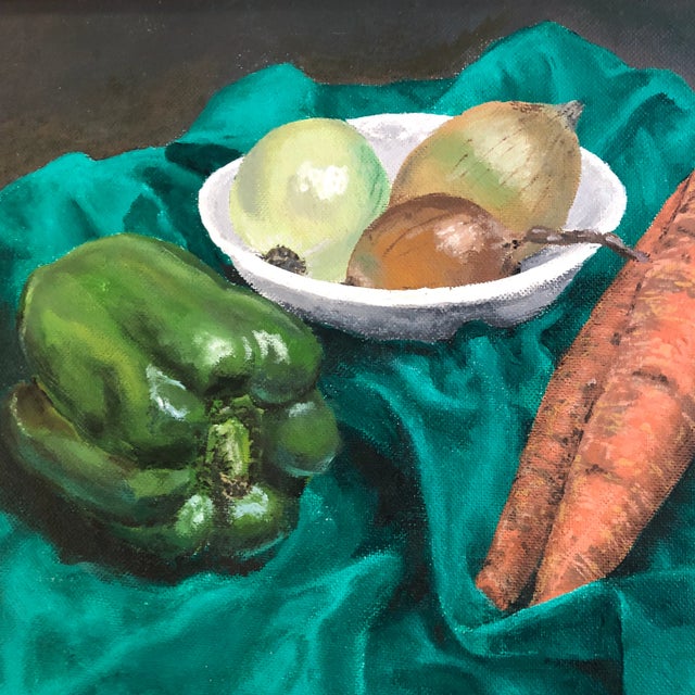 Traditional Vintage Original Still Life Vegetables on Turquoise Cloth 1970’s For Sale - Image 3 of 6