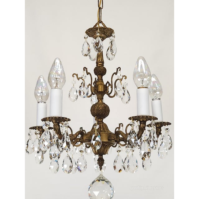 Brass Antique 5 Arm 5 Light Dark Patina Ornate Brass Cut Lead Glass Crystal Chandelier For Sale - Image 8 of 12