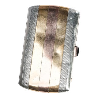 Exceptional Antique French Sterling Silver Cigarette Case 18k Gold Inlaid Yellow & Rose Gold Engine Turned Luxury Tobacciana For Sale