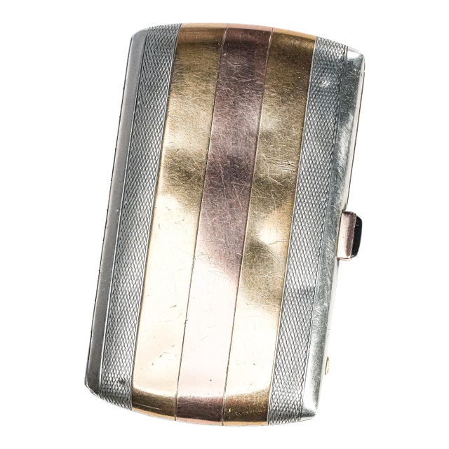 Exceptional Antique French Sterling Silver Cigarette Case 18k Gold Inlaid Yellow & Rose Gold Engine Turned Luxury Tobacciana For Sale