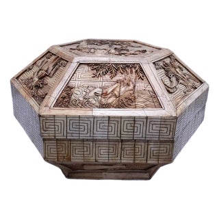 Late 19th Century Large Chinese Carved Bone Hexagonal Jewelry Casket Box With Figural Panels & Fitted Interior For Sale