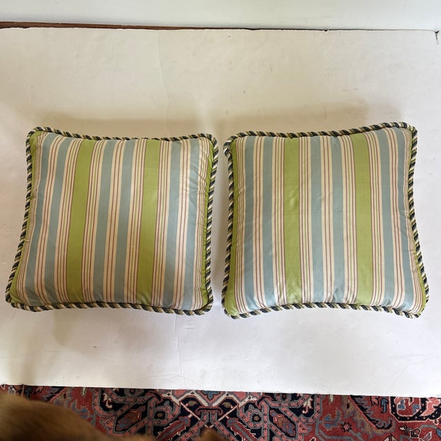 Pair of beautiful and elegant blue, green and beige striped silk pillows with matching cording and plain silk back with...